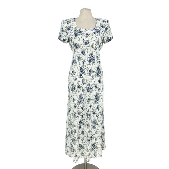 Vintage Dresses & Skirts - Vintage Benson Smith Midi Dress Sz 11/12 Floral Fitted Romantic Derby White Blue
